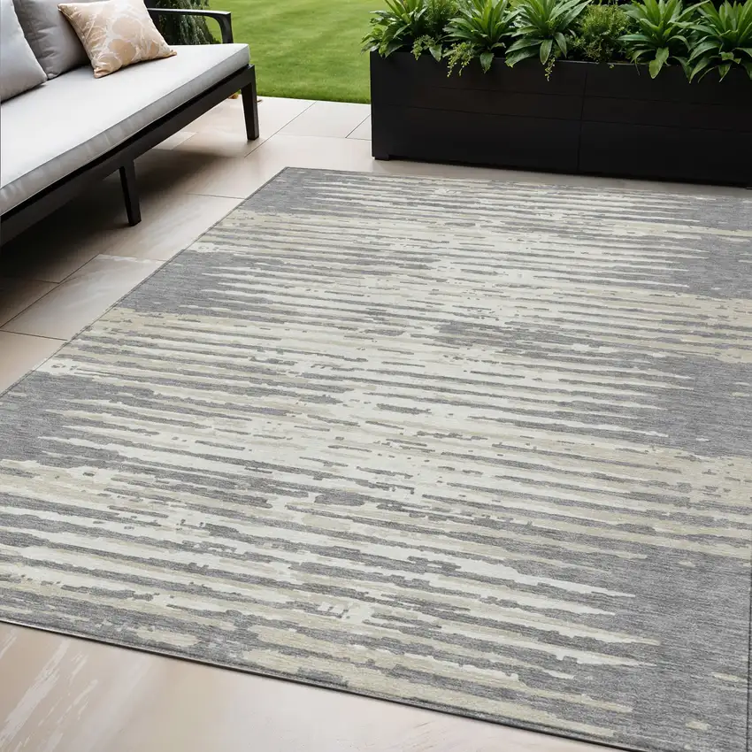 Gray And Ivory Striped Washable Indoor Outdoor Area Rug Photo 1