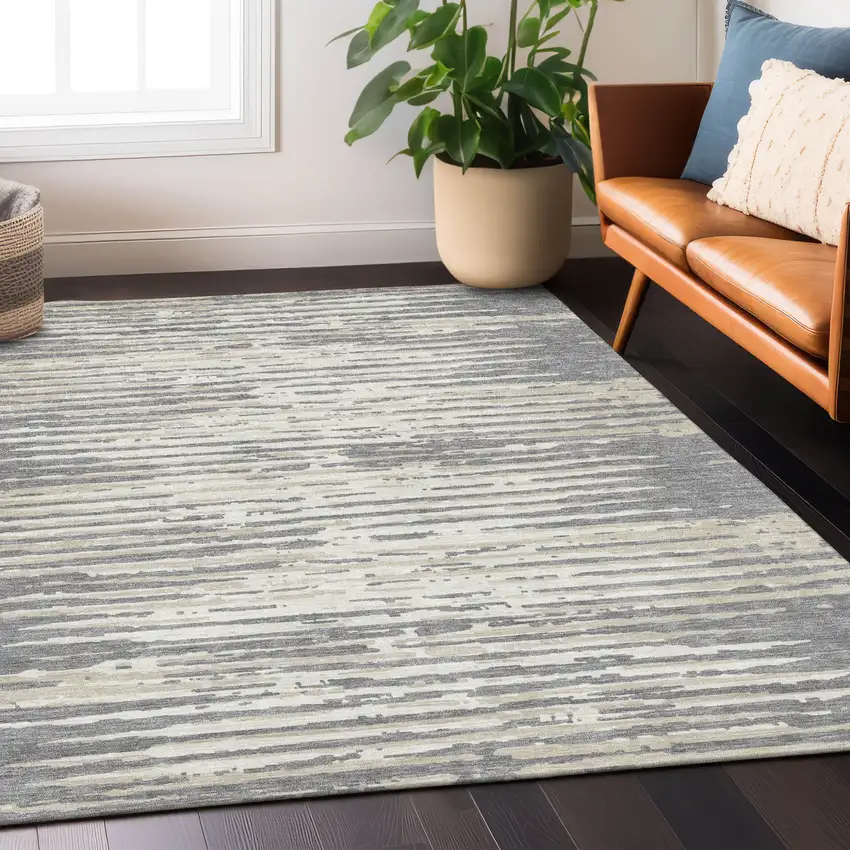 Gray And Ivory Striped Washable Indoor Outdoor Area Rug Photo 9
