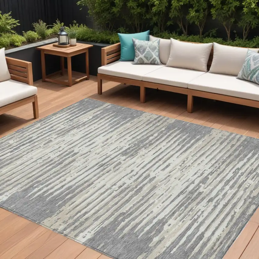 Gray And Ivory Striped Washable Indoor Outdoor Area Rug Photo 1