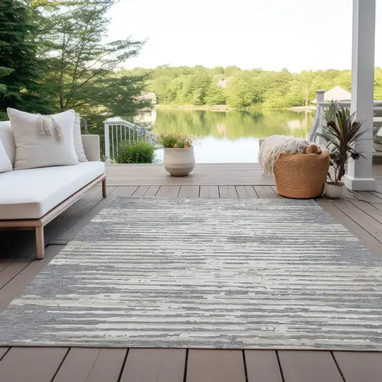 Gray And Ivory Striped Washable Indoor Outdoor Area Rug Photo 8