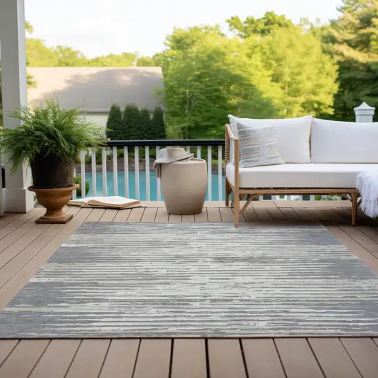 Gray And Ivory Striped Washable Indoor Outdoor Area Rug Photo 9