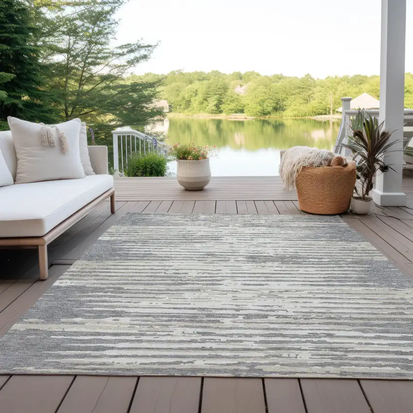 Gray And Ivory Striped Washable Indoor Outdoor Area Rug Photo 7