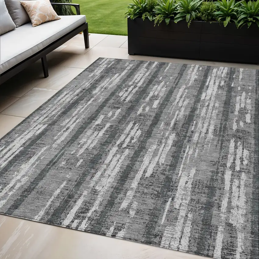 Gray And Ivory Striped Washable Indoor Outdoor Area Rug Photo 1