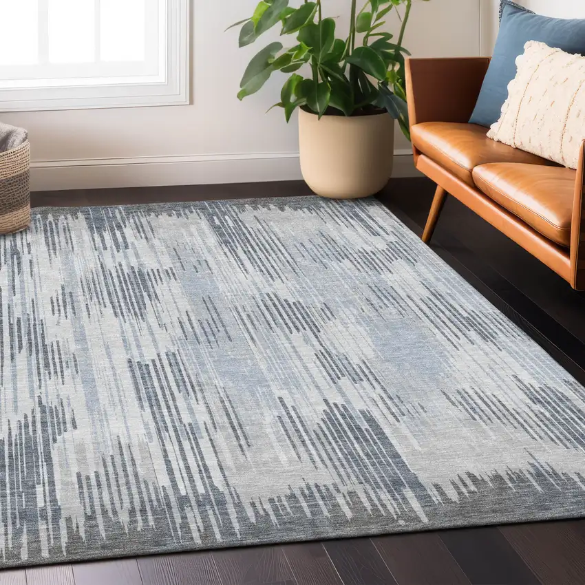 Gray And Ivory Striped Washable Indoor Outdoor Area Rug Photo 9