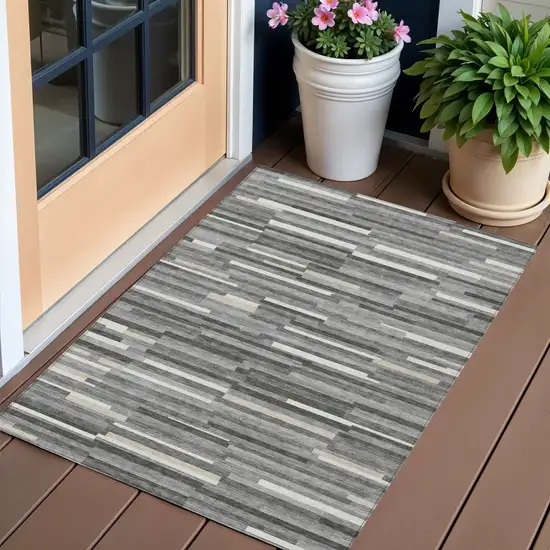 Gray And Ivory Striped Washable Indoor Outdoor Area Rug Photo 1