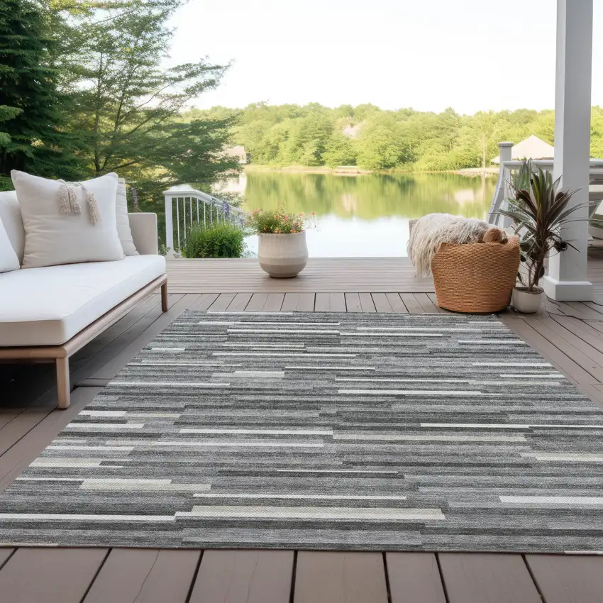 Gray And Ivory Striped Washable Indoor Outdoor Area Rug Photo 9