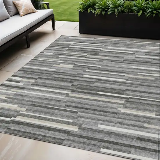 Gray And Ivory Striped Washable Indoor Outdoor Area Rug Photo 1
