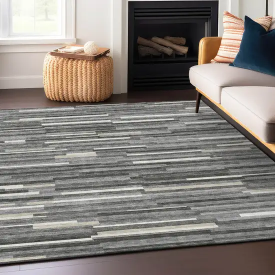 Gray And Ivory Striped Washable Indoor Outdoor Area Rug Photo 9