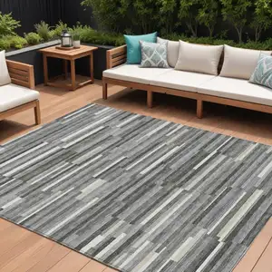Photo of Gray And Ivory Striped Washable Indoor Outdoor Area Rug
