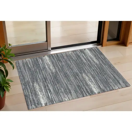 Gray And Ivory Striped Washable Indoor Outdoor Area Rug Photo 1