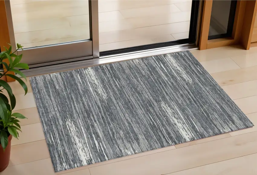 Gray And Ivory Striped Washable Indoor Outdoor Area Rug Photo 1