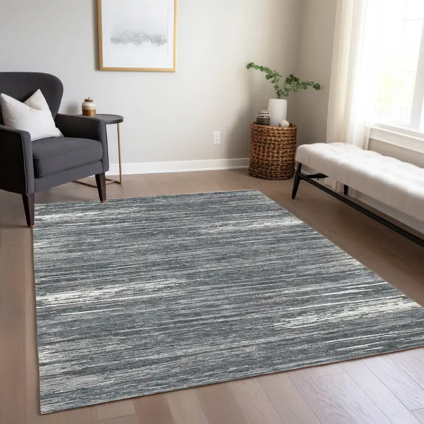 Gray And Ivory Striped Washable Indoor Outdoor Area Rug Photo 9