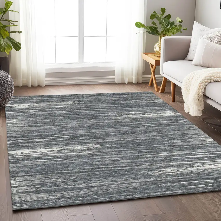 Gray And Ivory Striped Washable Indoor Outdoor Area Rug Photo 9