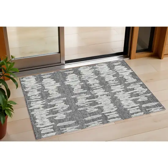Gray And Ivory Striped Washable Indoor Outdoor Area Rug Photo 1