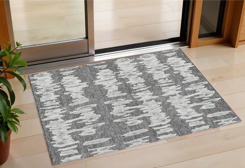 Gray And Ivory Striped Washable Indoor Outdoor Area Rug Photo 1