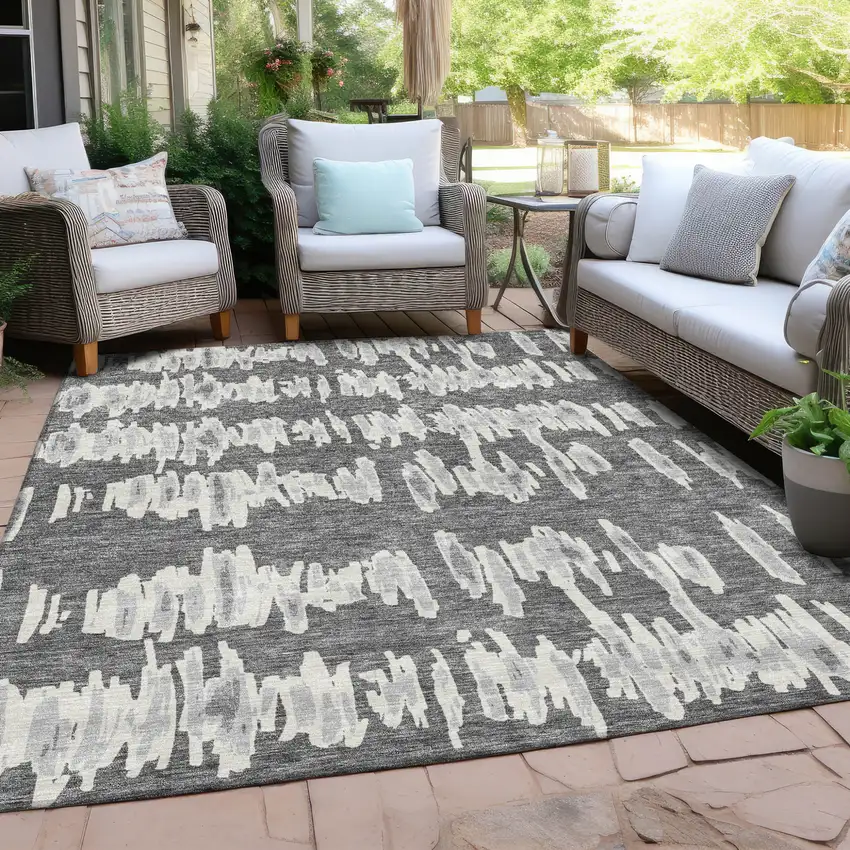 Gray And Ivory Striped Washable Indoor Outdoor Area Rug Photo 8
