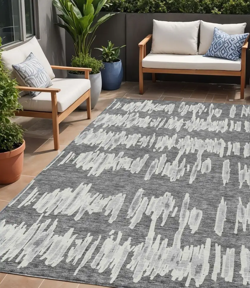 Gray And Ivory Striped Washable Indoor Outdoor Area Rug Photo 1