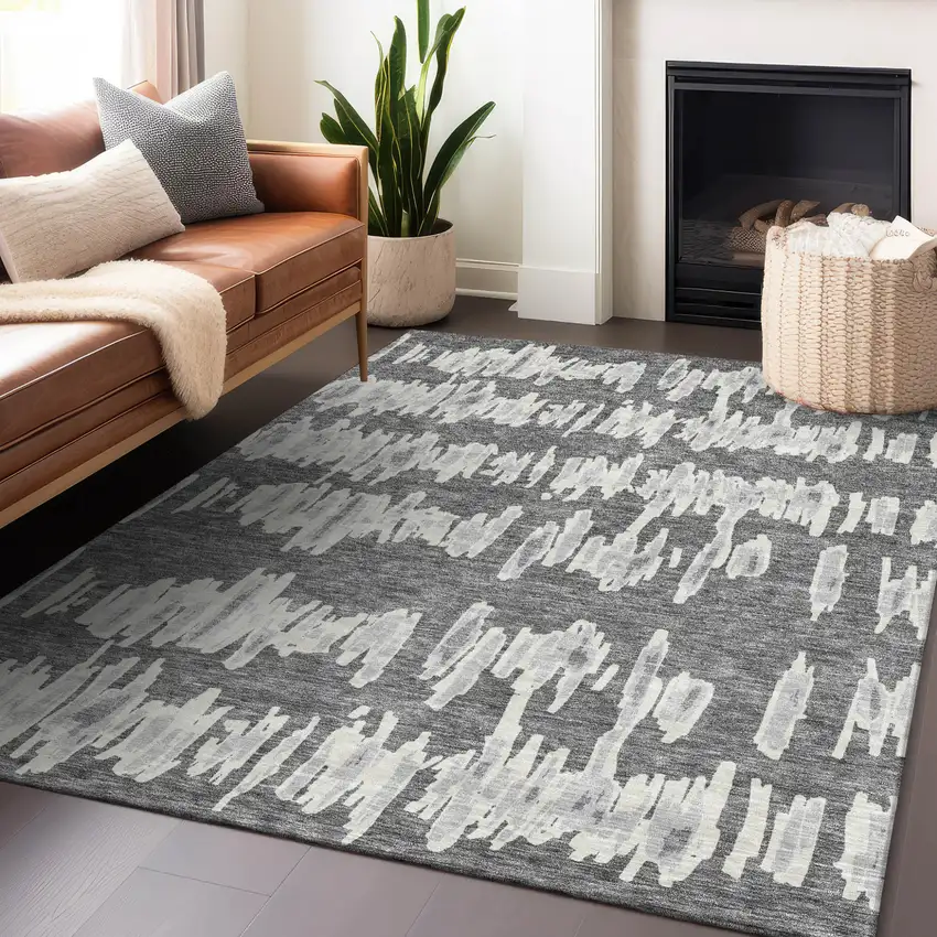 Gray And Ivory Striped Washable Indoor Outdoor Area Rug Photo 9