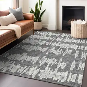 Photo of Gray And Ivory Striped Washable Indoor Outdoor Area Rug