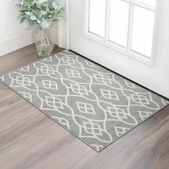 Gray And Ivory Trellis Washable Area Rug With UV Protection Photo 2