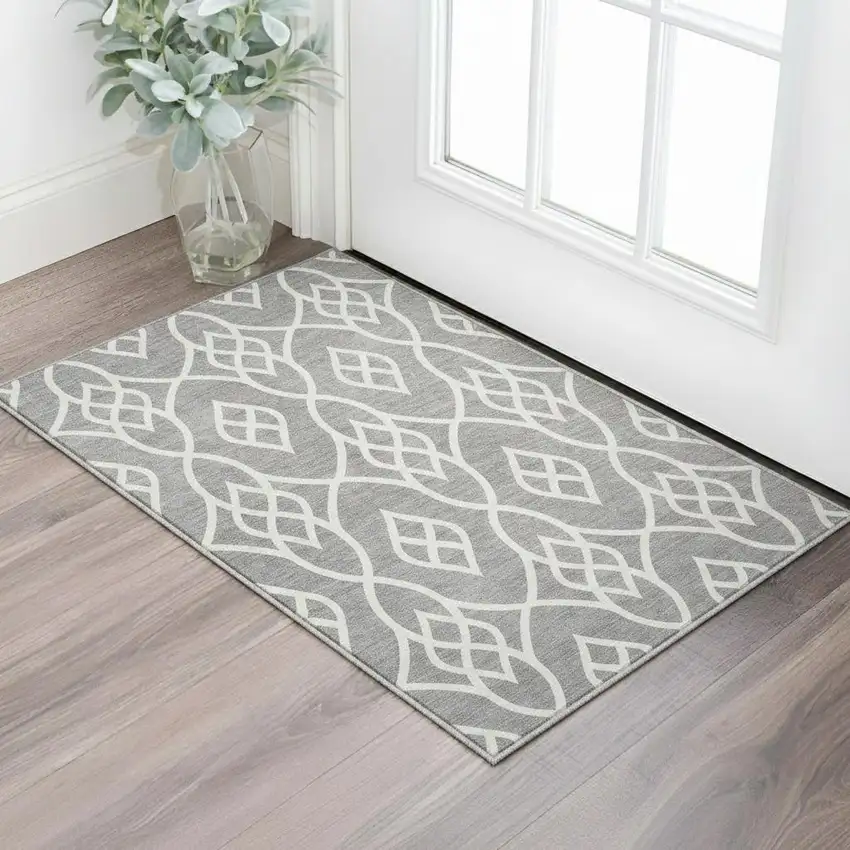 Gray And Ivory Trellis Washable Area Rug With UV Protection Photo 2