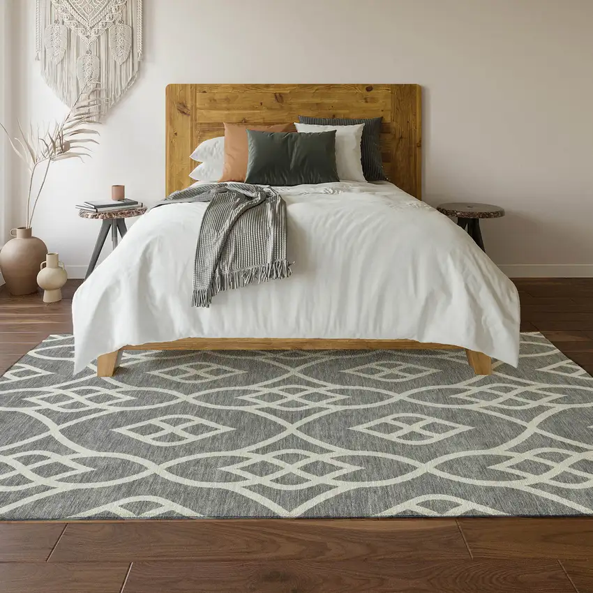 Gray And Ivory Trellis Washable Area Rug With UV Protection Photo 6