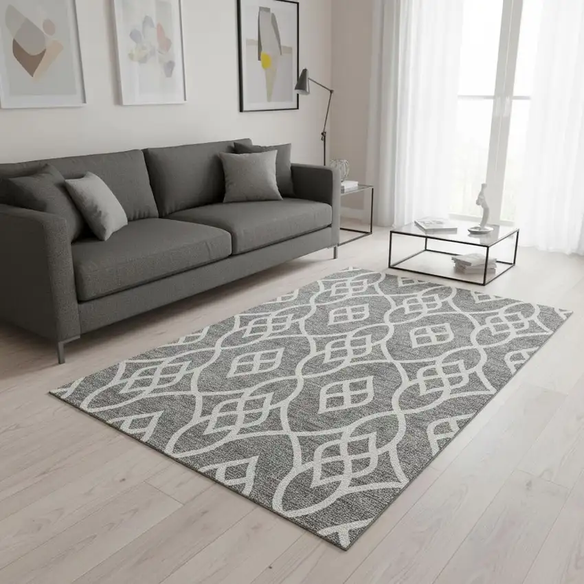 Gray And Ivory Trellis Washable Area Rug With UV Protection Photo 2