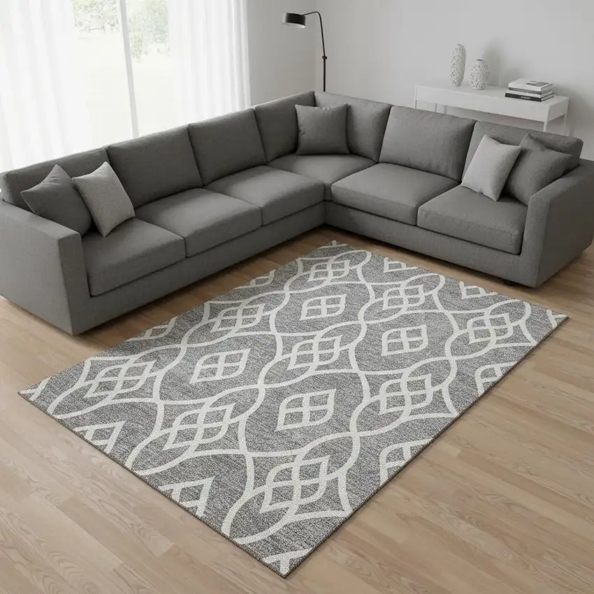 Gray And Ivory Trellis Washable Area Rug With UV Protection Photo 2