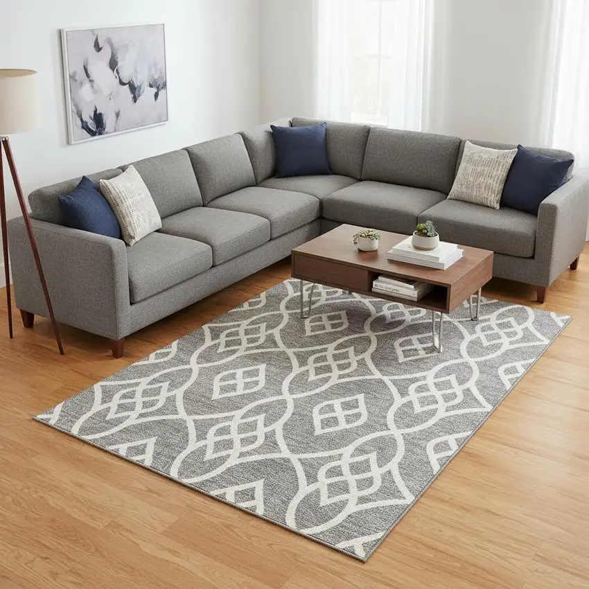 Gray And Ivory Trellis Washable Area Rug With UV Protection Photo 2