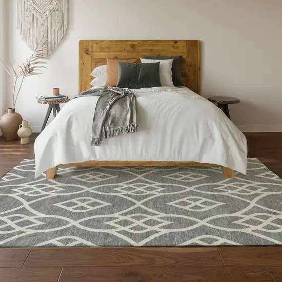 Gray And Ivory Trellis Washable Area Rug With UV Protection Photo 5