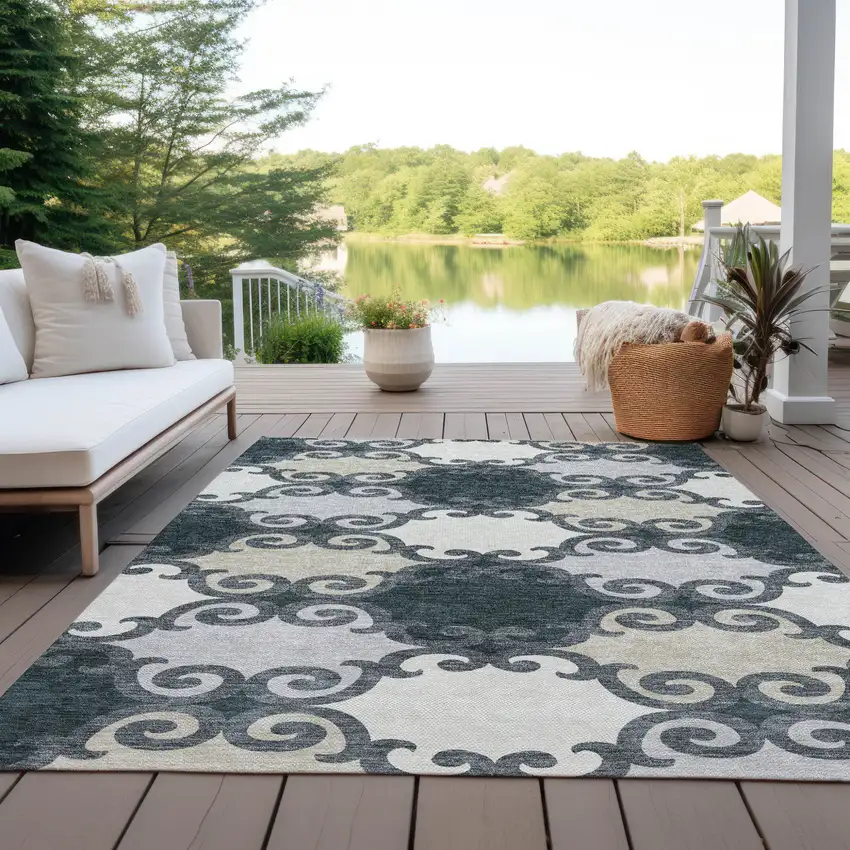 Gray And Ivory Trellis Washable Indoor Outdoor Area Rug Photo 8