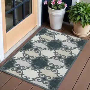 Photo of Gray And Ivory Trellis Washable Indoor Outdoor Area Rug