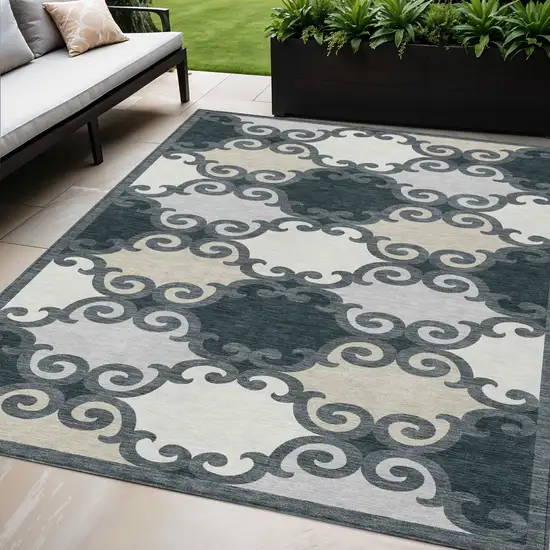 Gray And Ivory Trellis Washable Indoor Outdoor Area Rug Photo 1