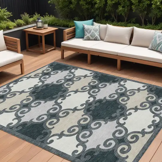 Gray And Ivory Trellis Washable Indoor Outdoor Area Rug Photo 1