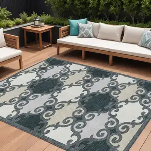 Photo of Gray And Ivory Trellis Washable Indoor Outdoor Area Rug