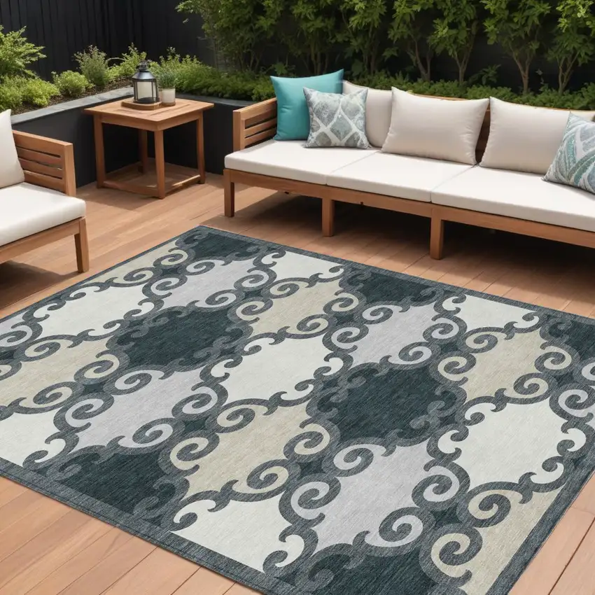 Gray And Ivory Trellis Washable Indoor Outdoor Area Rug Photo 1