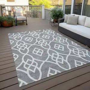 Photo of Gray And Ivory Trellis Washable Indoor Outdoor Area Rug