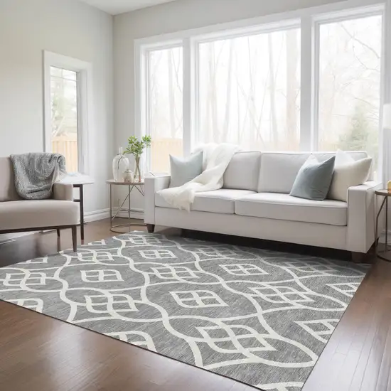 Gray And Ivory Trellis Washable Indoor Outdoor Area Rug Photo 9