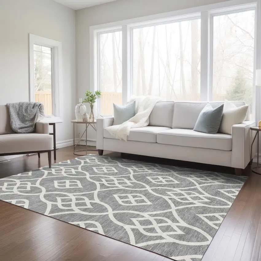 Gray And Ivory Trellis Washable Indoor Outdoor Area Rug Photo 9