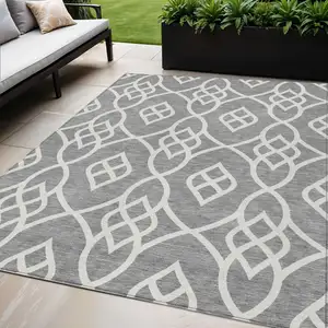 Photo of Gray And Ivory Trellis Washable Indoor Outdoor Area Rug