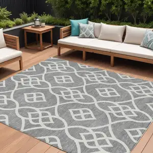 Photo of Gray And Ivory Trellis Washable Indoor Outdoor Area Rug