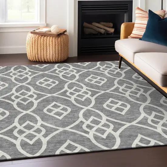 Gray And Ivory Trellis Washable Indoor Outdoor Area Rug Photo 8