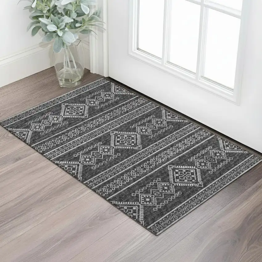 Gray And Ivory Tribal Washable Area Rug With UV Protection Photo 1
