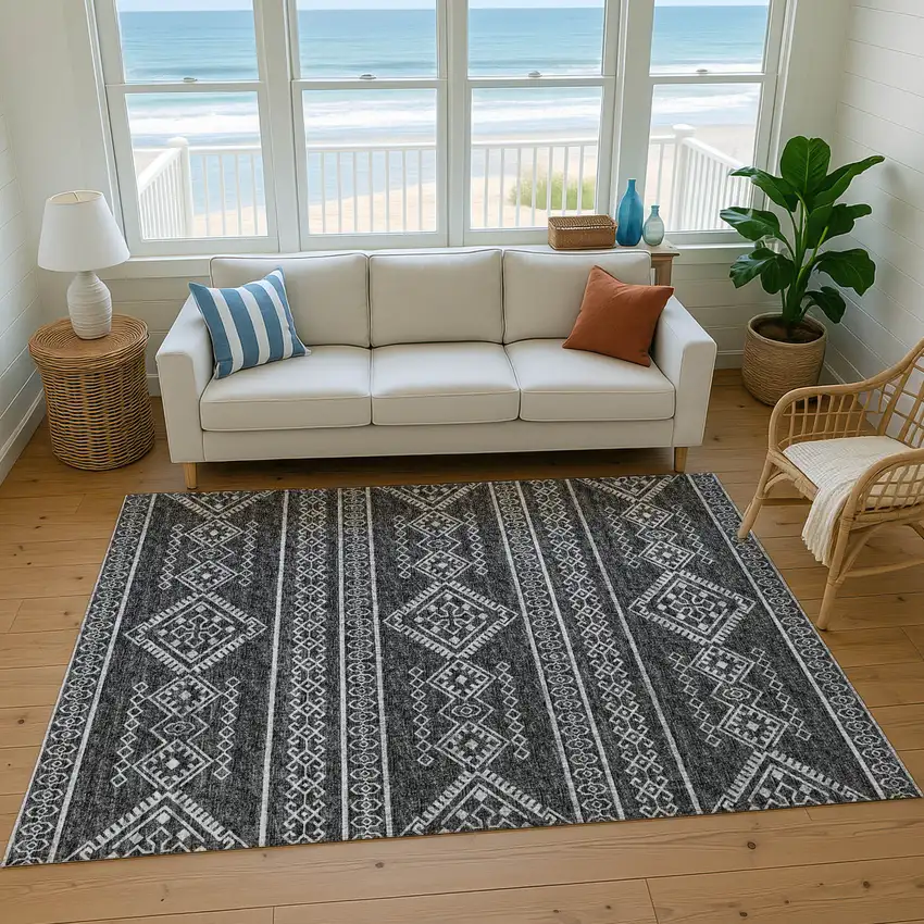 Gray And Ivory Tribal Washable Area Rug With UV Protection Photo 5