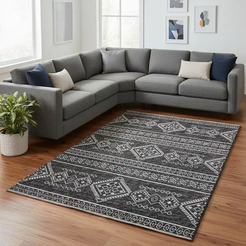 Gray And Ivory Tribal Washable Area Rug With UV Protection Photo 1