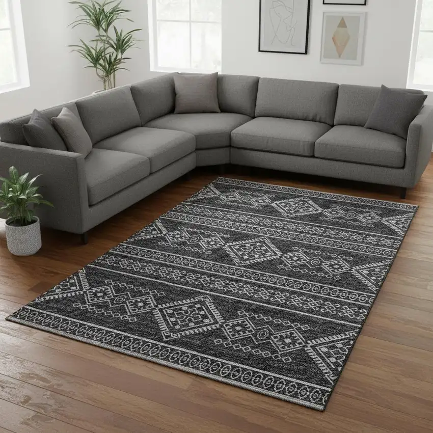 Gray And Ivory Tribal Washable Area Rug With UV Protection Photo 1
