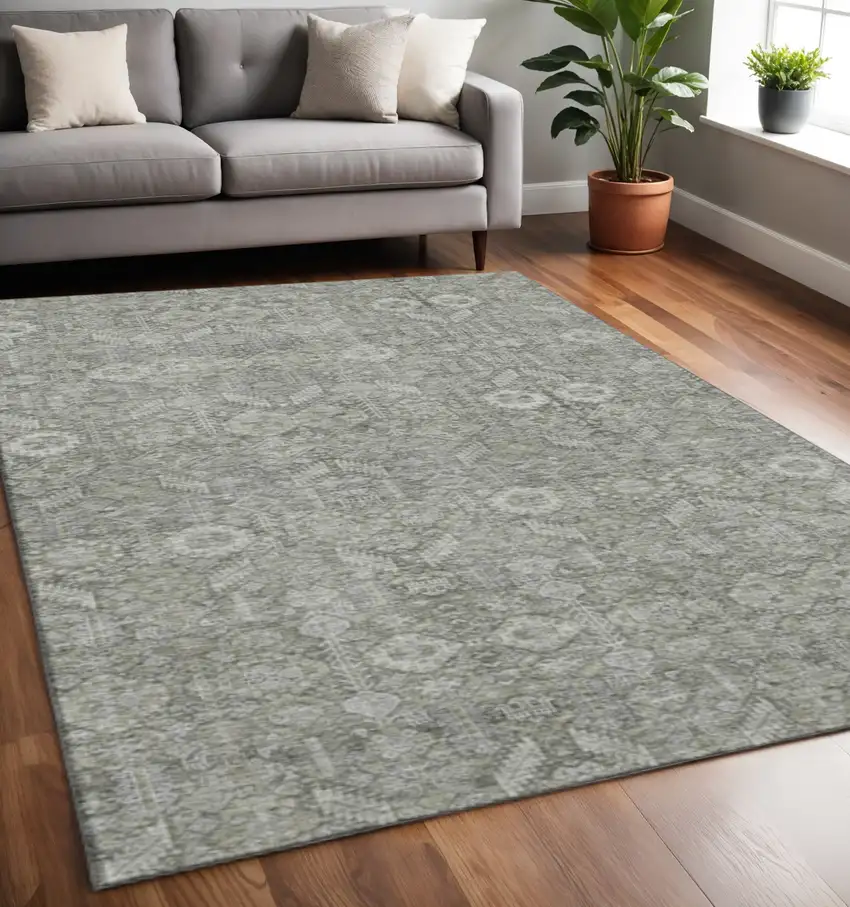 Gray And Ivory Tribal Washable Area Rug With UV Protection Photo 2