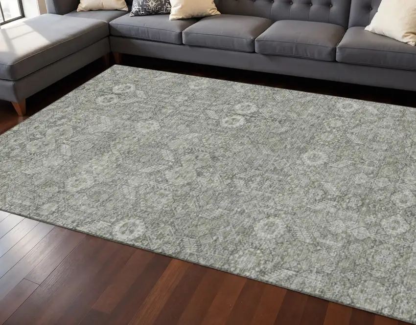 Gray And Ivory Tribal Washable Area Rug With UV Protection Photo 2