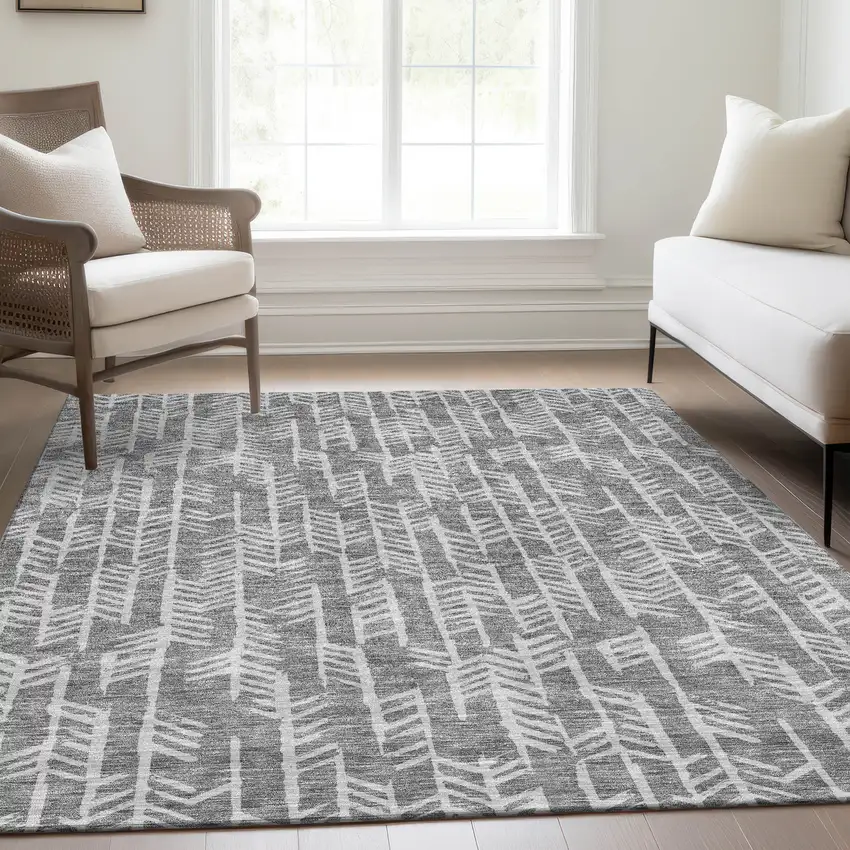 Gray And Ivory Tribal Washable Area Rug With UV Protection Photo 5