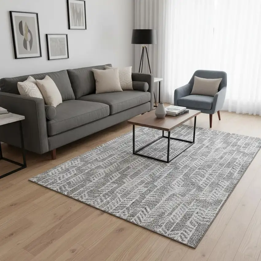 Gray And Ivory Tribal Washable Area Rug With UV Protection Photo 2